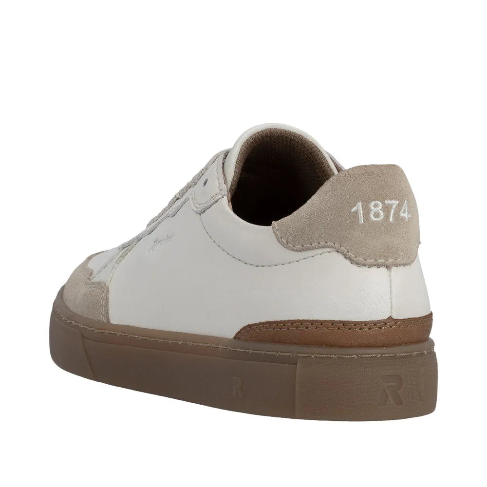 White leather lace-up men's shoe with beige suede accents, brown sole, and 