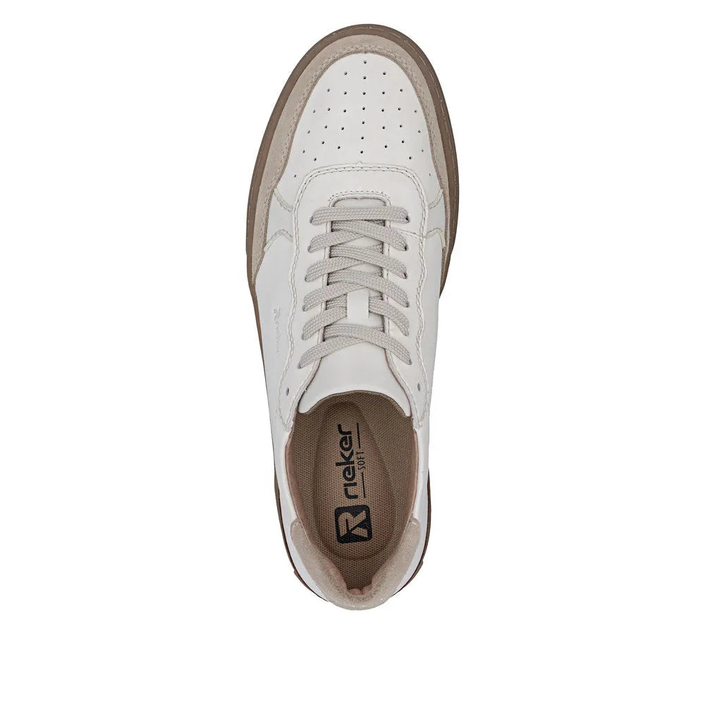 White leather lace-up men's shoes with beige accents and perforated toe cap, Rieker U0710-80 style, featuring a cushioned interior.