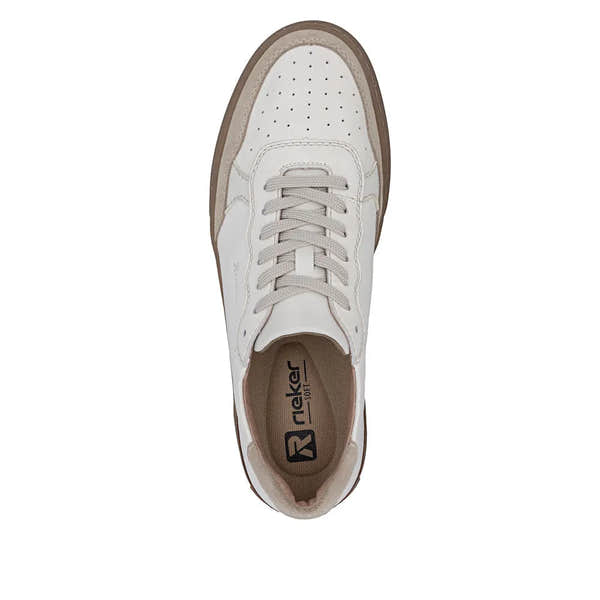 White leather lace-up men's shoes with beige accents and perforated toe cap, Rieker U0710-80 style, featuring a cushioned interior.
