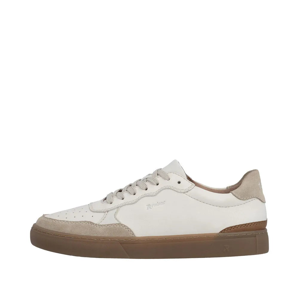 Men's white leather lace-up shoe with beige suede accents, brown sole, and casual style.