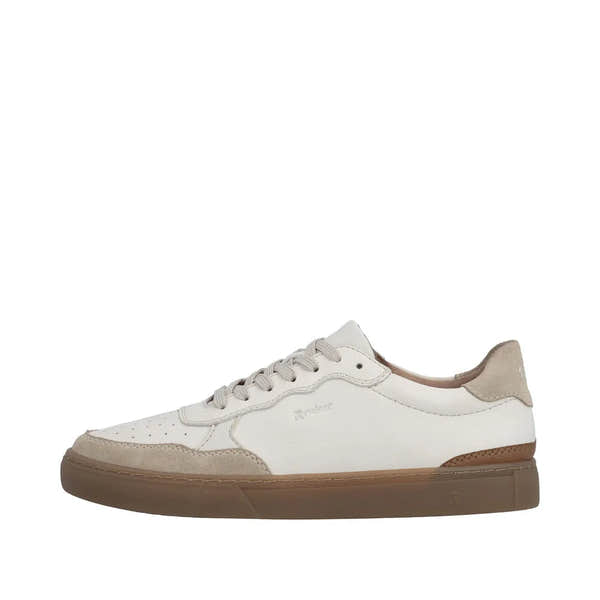 Men's white leather lace-up shoe with beige suede accents, brown sole, and casual style.