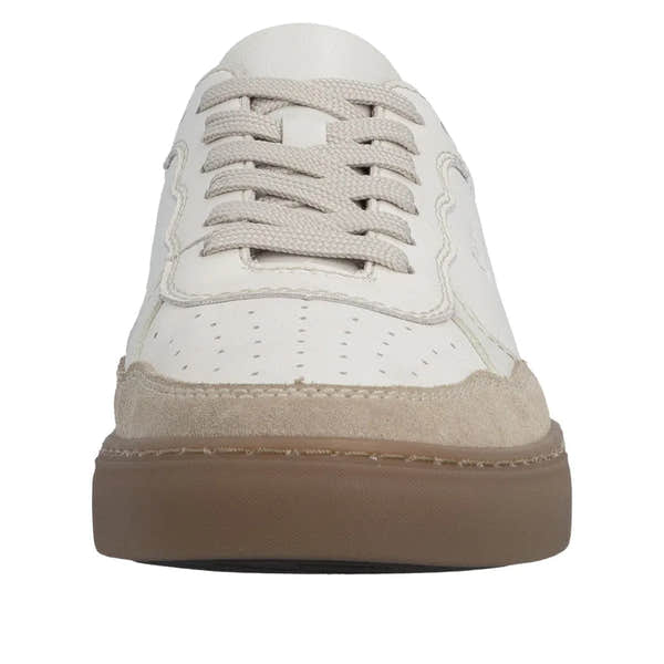Rieker U0710-80 men's white leather lace-up shoes with beige suede accents and a brown rubber sole.