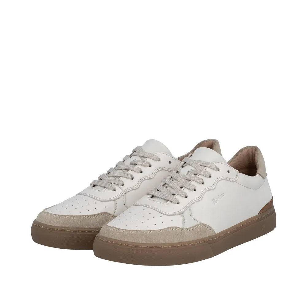 White leather lace-up shoes with beige suede accents, perforated toe, and tan rubber sole.