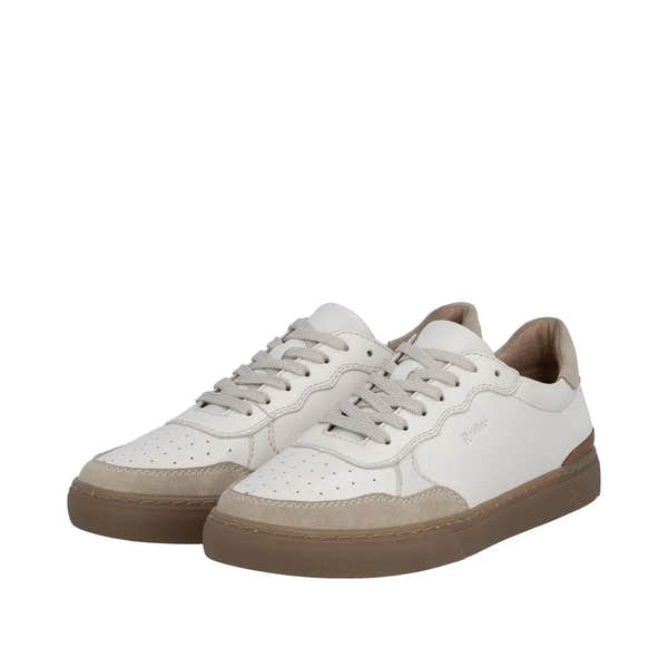 White leather lace-up shoes with beige suede accents, perforated toe, and tan rubber sole.