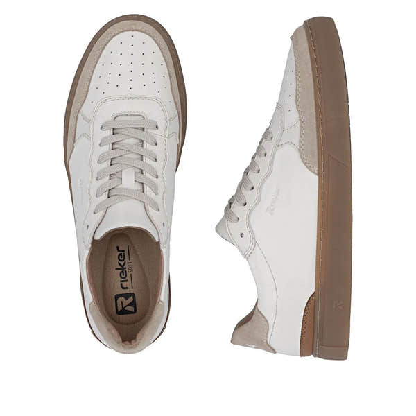 Men's white leather lace-up shoes with beige accents, perforated toe, and brown rubber sole.