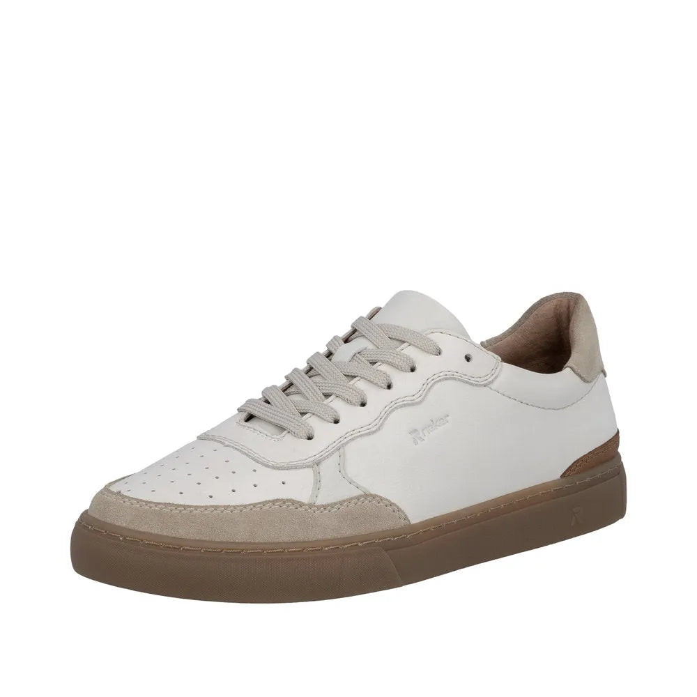 White leather lace-up men's shoe with beige suede accents and a brown rubber sole.