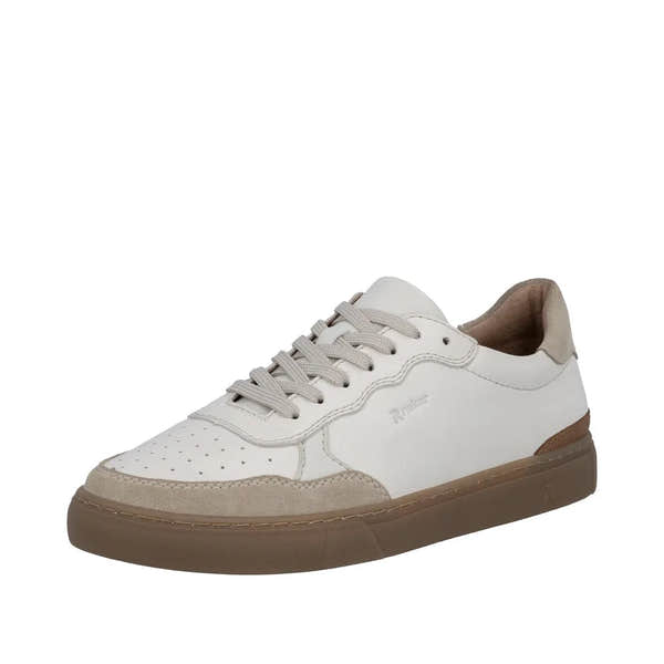White leather lace-up men's shoe with beige suede accents and a brown rubber sole.