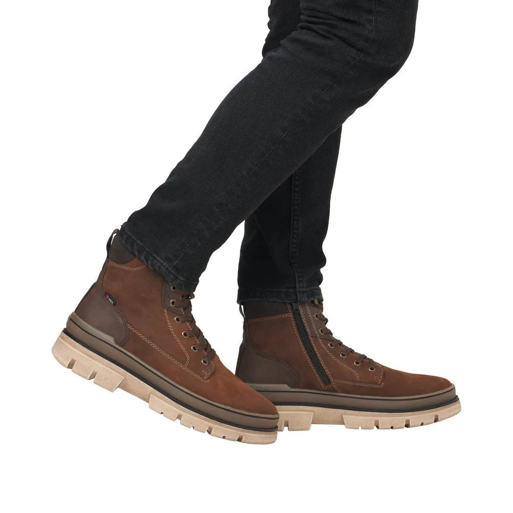 Rieker U1273-22 men's brown suede ankle boots with lace-up and zipper, rugged sole, stylish casual footwear.