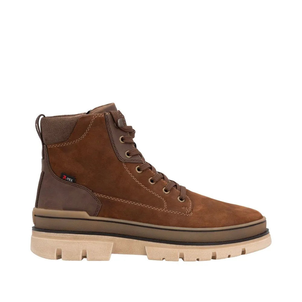Rieker U1273-22 men's brown suede ankle boots with zip and lace-up closure, rugged sole, and stylish design.