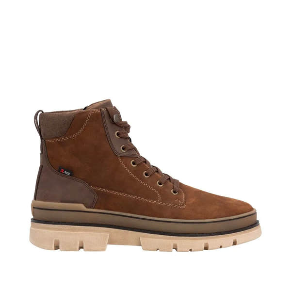 Rieker U1273-22 men's brown suede ankle boots with zip and lace-up closure, rugged sole, and stylish design.