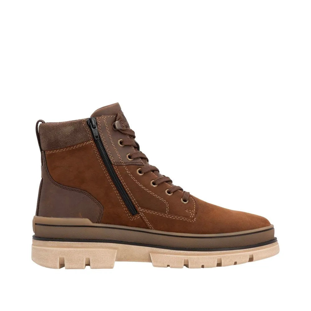 Rieker U1273-22 men's brown suede ankle boots with zip and lace-up closure, rugged sole for durability.