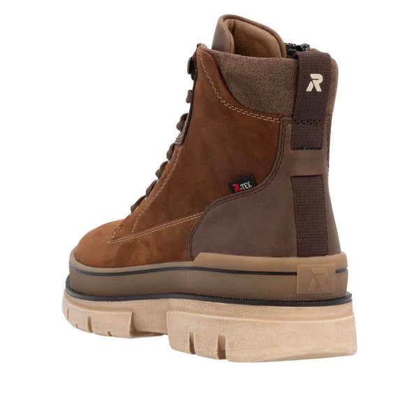 Rieker U1273-22 men's brown suede ankle boots with zip and lace-up closure, rugged sole, and stylish design.