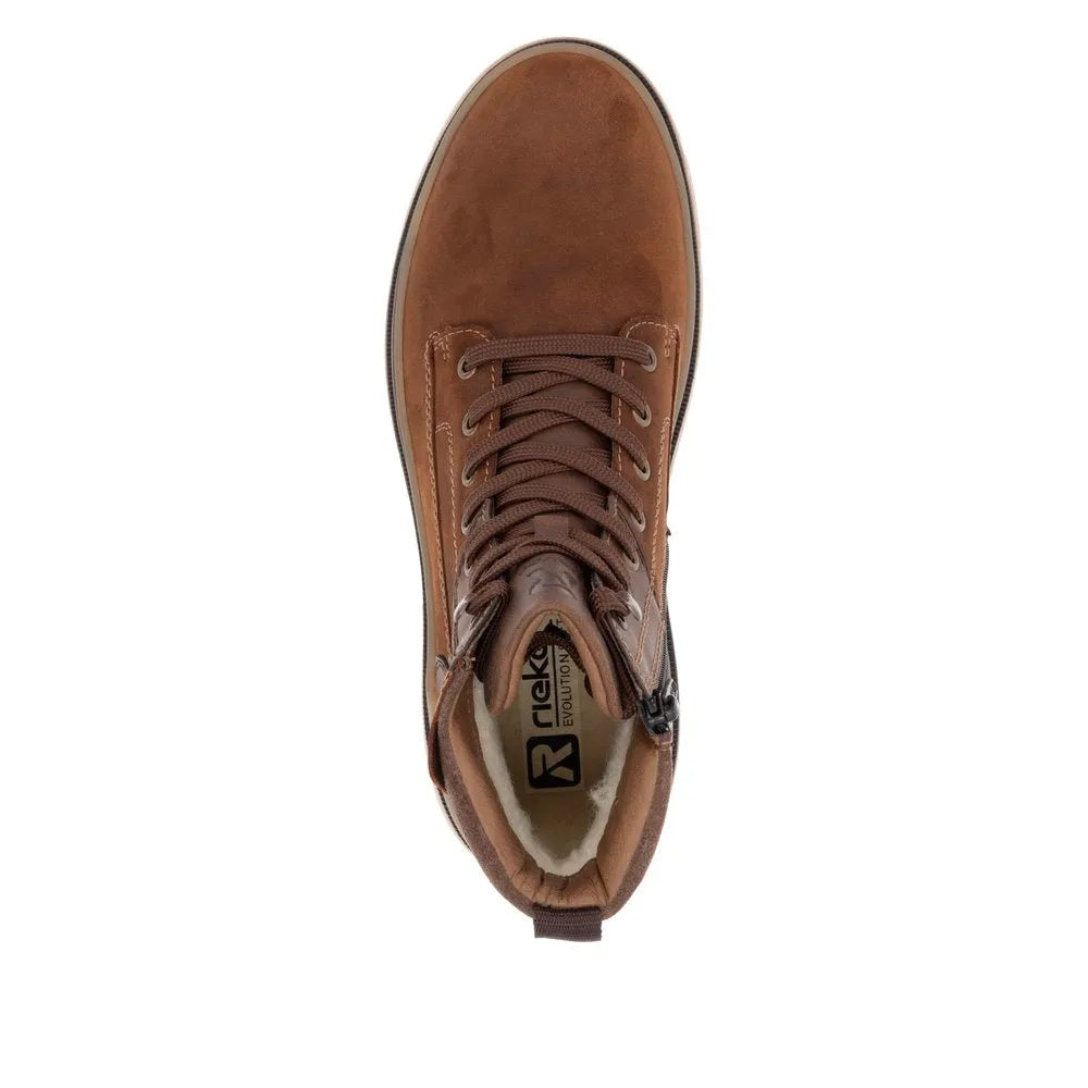 Rieker U1273-22 men's brown suede ankle boots with zip and lace-up closure, cushioned interior, and sturdy sole.