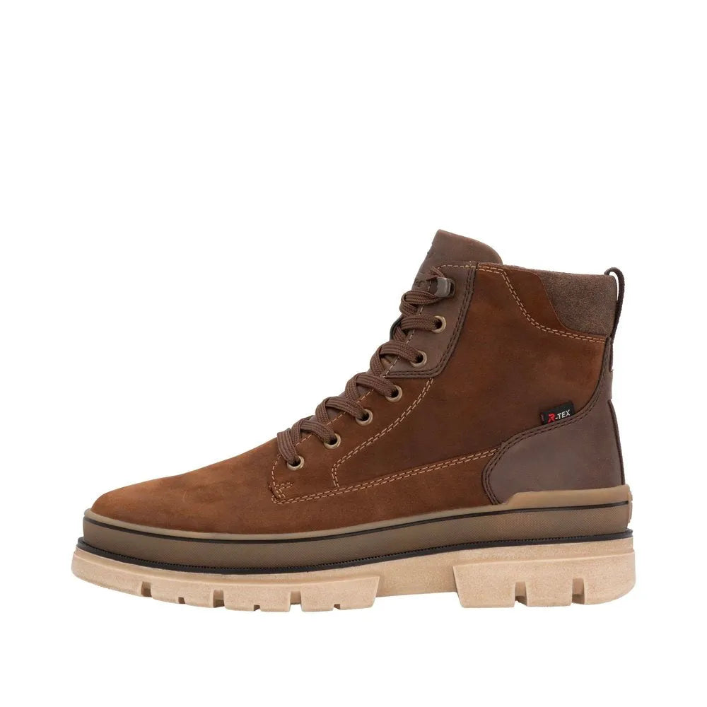 Rieker U1273-22 men's brown suede ankle boots with zip and lace-up closure, rugged sole, and stylish design.