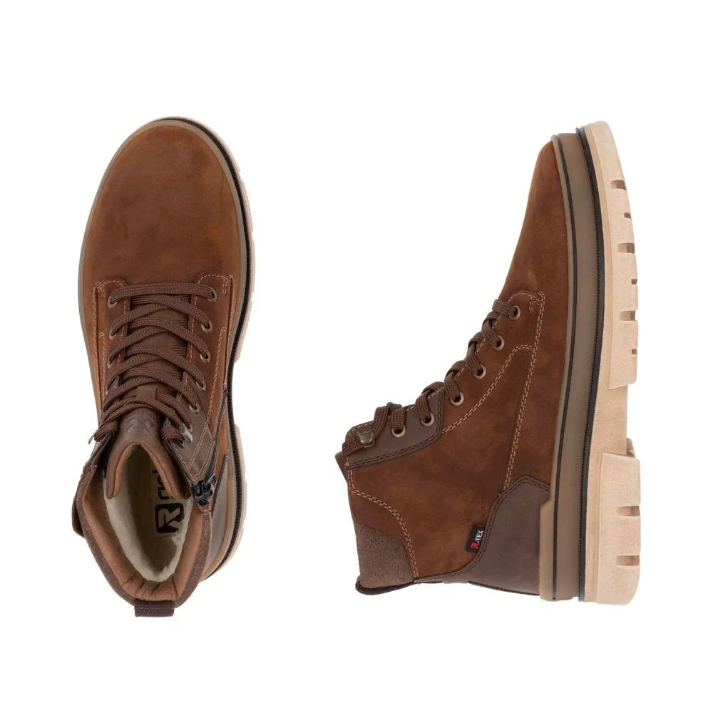 Rieker U1273-22 men's brown suede ankle boots with zip and lace-up closure, rugged sole, and cushioned interior.