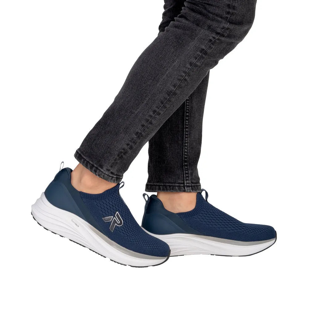 Rieker U4100-14 men's wide blue textile slip-on shoes with white sole, lightweight and breathable design.