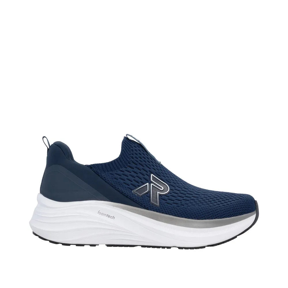 Rieker U4100-14 men's wide-fit blue slip-on athletic shoes with textile upper and lightweight foam sole.