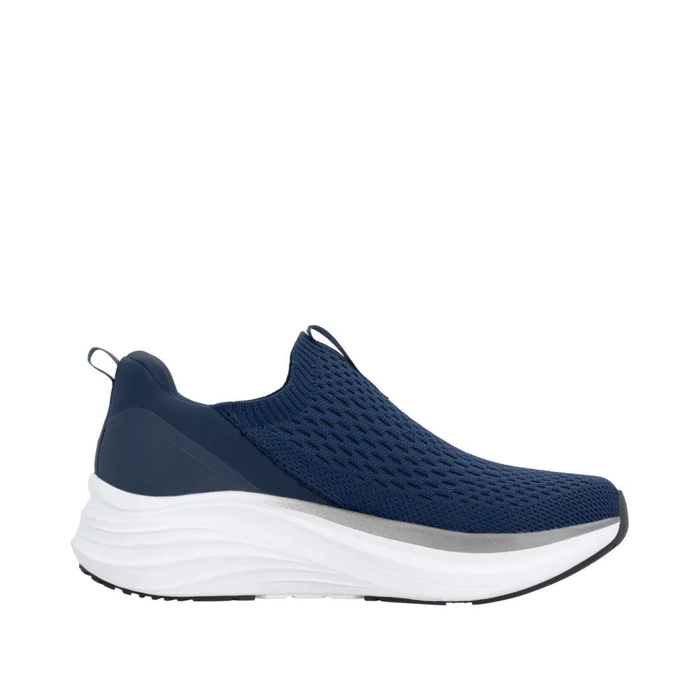 Rieker U4100-14 men's wide-fit blue slip-on athletic shoes with breathable textile upper and cushioned white midsole.