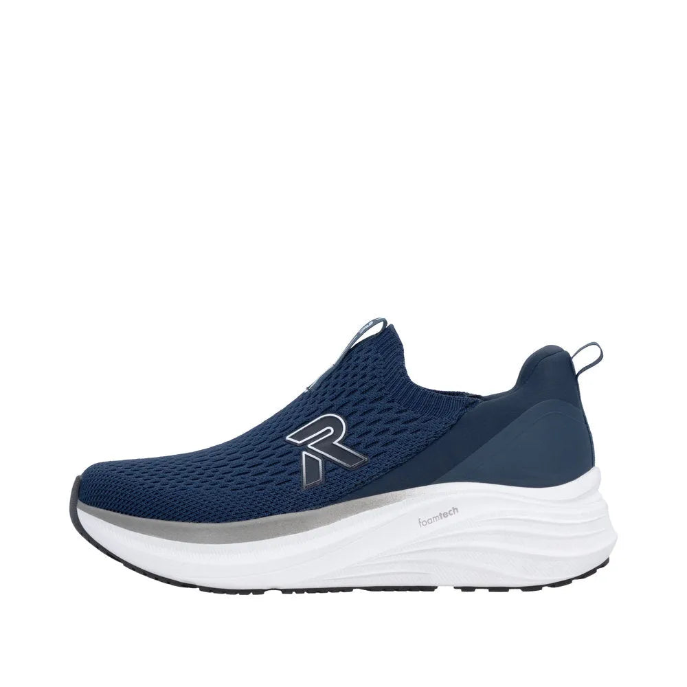 Rieker U4100-14 men's wide-fit blue textile slip-on sneaker with foam tech sole and pull tabs.