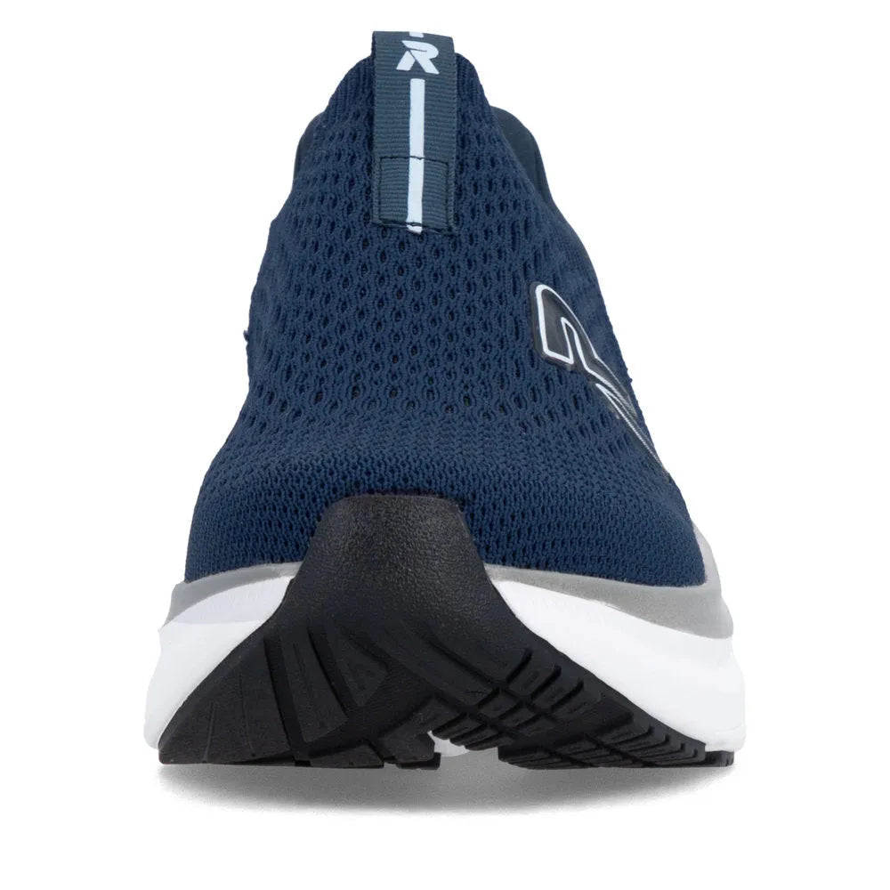 Rieker U4100-14 men's wide-fit blue textile slip-on shoes with breathable mesh upper and flexible rubber outsole.