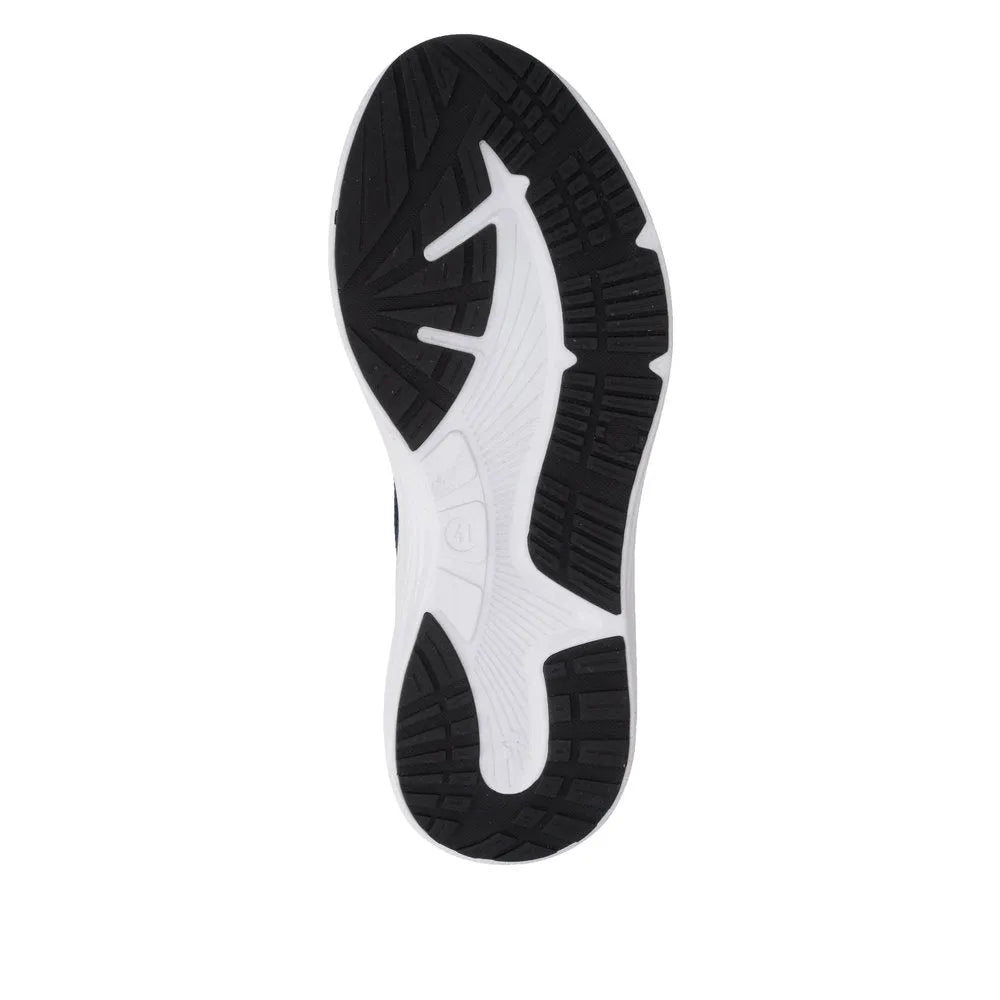 Rieker U4100-14 men's wide fit slip-on shoes, blue textile upper, black and white non-slip outsole, casual comfort footwear.