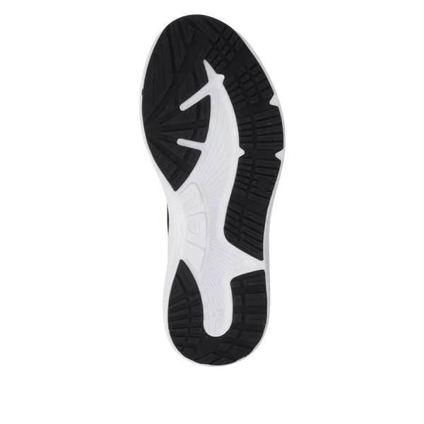Rieker U4100-14 men's wide fit slip-on shoes, blue textile upper, black and white non-slip outsole, casual comfort footwear.