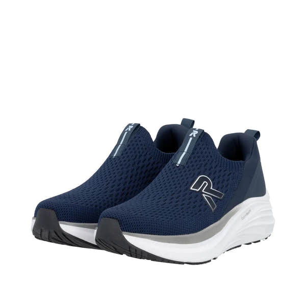 Rieker U4100-14 men's wide fit blue textile slip-on shoes with cushioned midsole and breathable mesh upper.