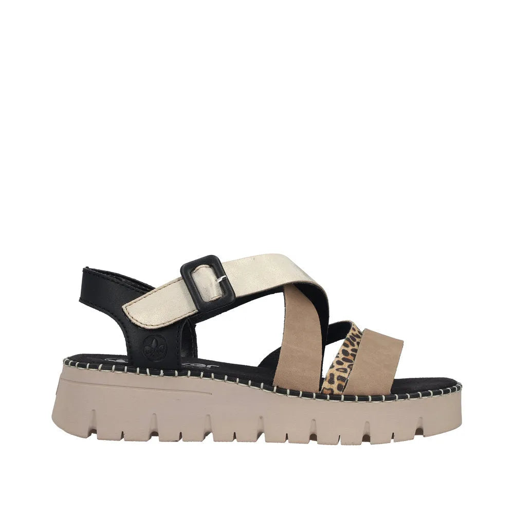 Rieker V1063-90 women's multi-touch fastening sandals with black, beige, and leopard print straps, thick beige sole, and adjustable buckle.