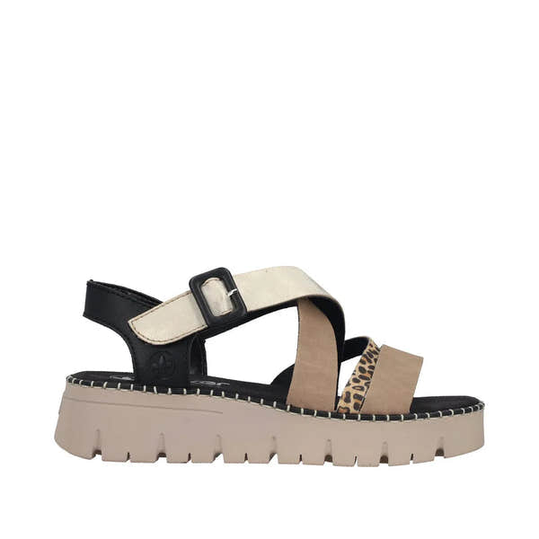 Rieker V1063-90 women's multi-touch fastening sandals with black, beige, and leopard print straps, thick beige sole, and adjustable buckle.