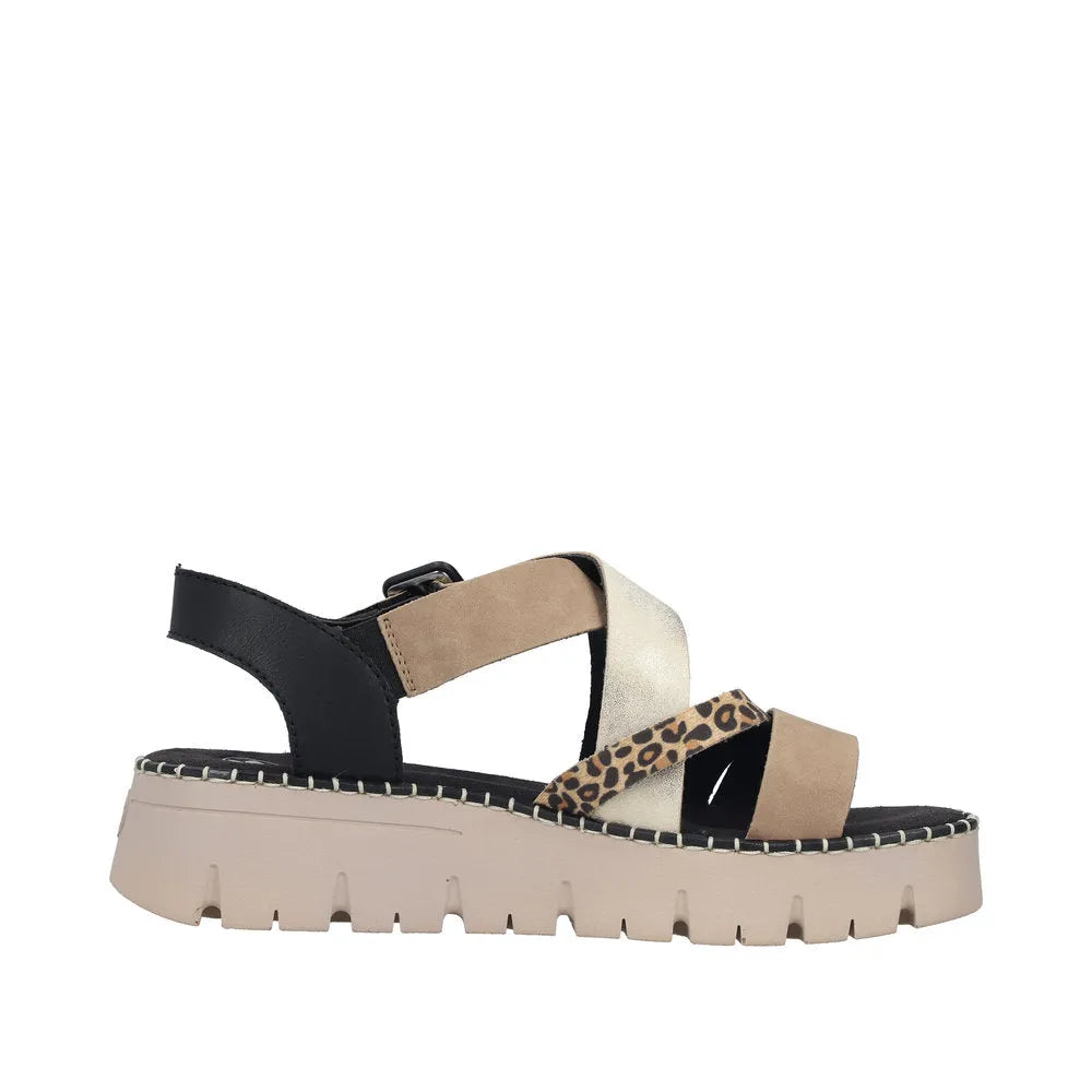 Rieker V1063-90 women's multi-touch fastening sandals with beige, black, white, and leopard print straps and chunky sole.