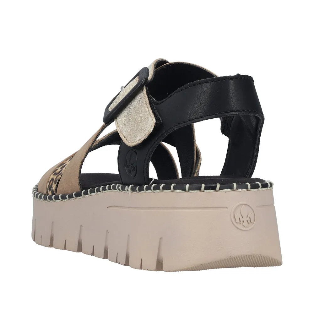 Rieker V1063-90 ladies' multi-touch fastening sandals with leopard print and chunky beige platform sole.