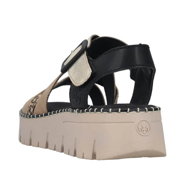 Rieker V1063-90 ladies' multi-touch fastening sandals with leopard print and chunky beige platform sole.