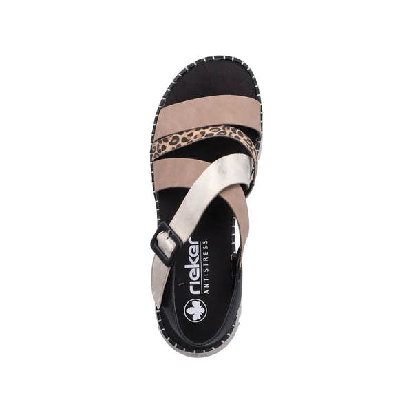 Rieker V1063-90 Ladies multi-touch fastening sandals with leopard print, beige, and metallic straps, cushioned sole, and black and white sole trim.
