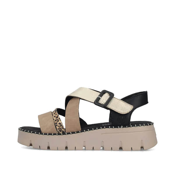 Rieker V1063-90 women's multi-touch fastening sandals with beige, black, and leopard print straps, chunky beige sole, and adjustable buckle.