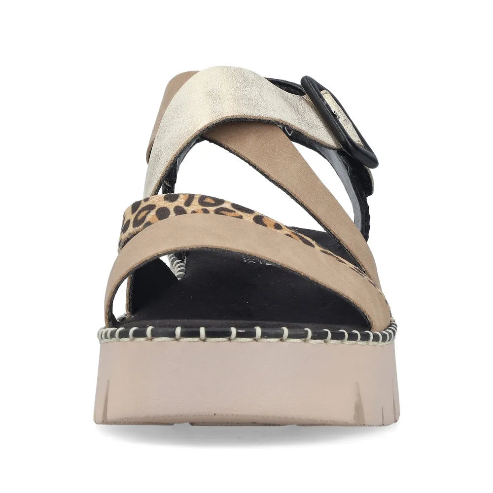 Rieker V1063-90 women’s multi-touch fastening sandals with leopard print and beige straps, platform sole, and stylish design.