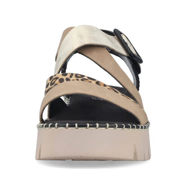 Rieker V1063-90 women’s multi-touch fastening sandals with leopard print and beige straps, platform sole, and stylish design.