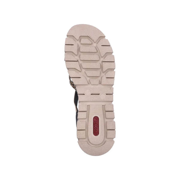 Rieker V1063-90 women's multi-touch fastening sandals with beige sole, durable tread, and sporty design.
