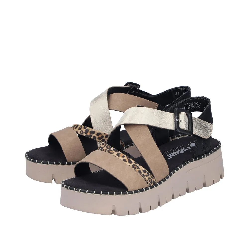 Rieker V1063-90 women's multi-strap touch fastening sandals with leopard print accents and chunky beige soles.