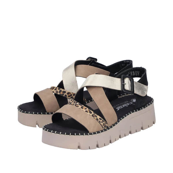 Rieker V1063-90 women's multi-strap touch fastening sandals with leopard print accents and chunky beige soles.