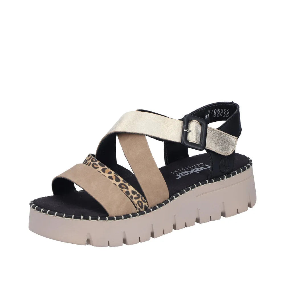 Rieker V1063-90 women's multi-strap touch fastening sandals with platform sole, leopard print detail, and adjustable buckle.