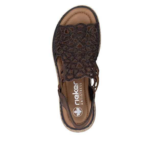 Rieker V1765-24 women's wide brown elasticated sandals with decorative cutout design and adjustable laces.
