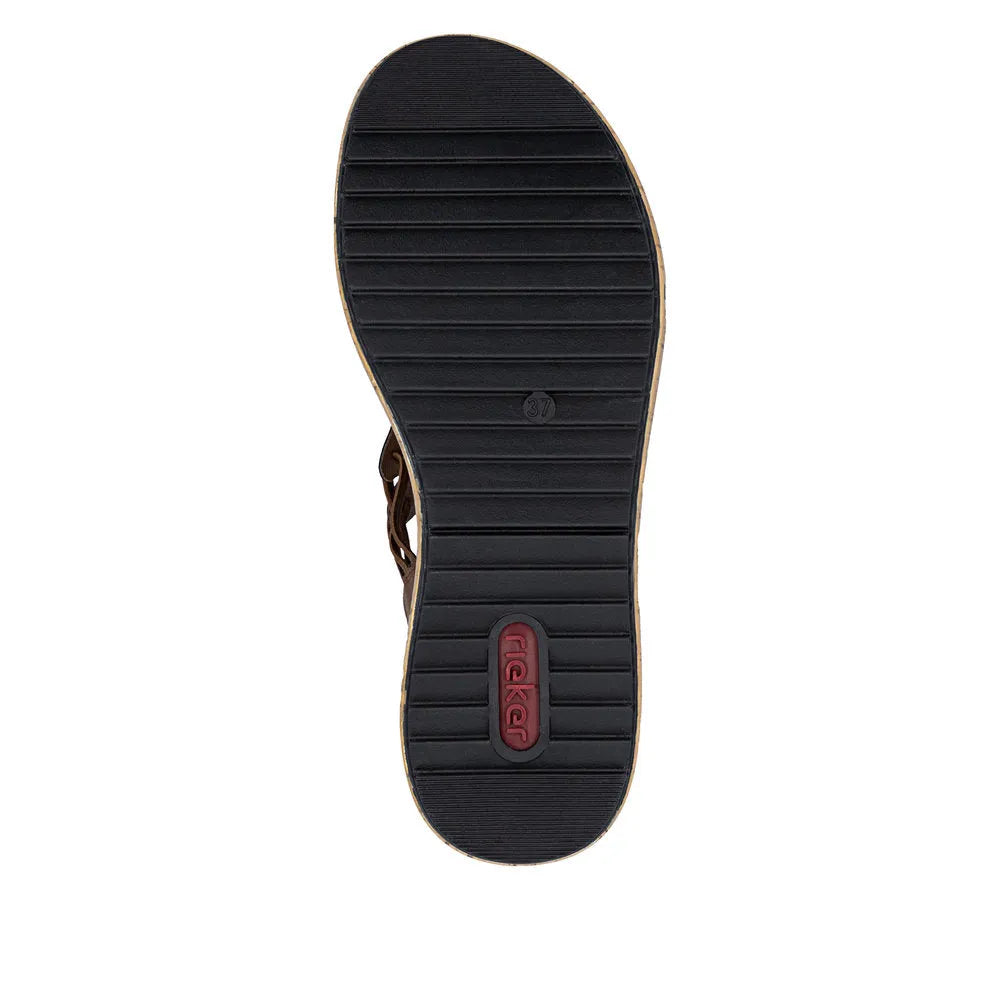 Rieker V1765-24 women's wide brown elasticated sandals with cushioned sole and slip-on design, durable rubber outsole, and adjustable fit.