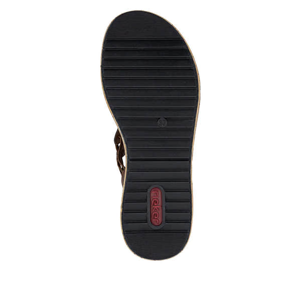 Rieker V1765-24 women's wide brown elasticated sandals with cushioned sole and slip-on design, durable rubber outsole, and adjustable fit.