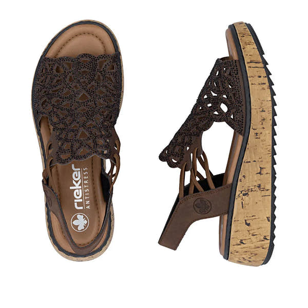 Rieker V1765-24 women's wide fit brown elasticated lace-up sandals with decorative cutouts and cork footbed.