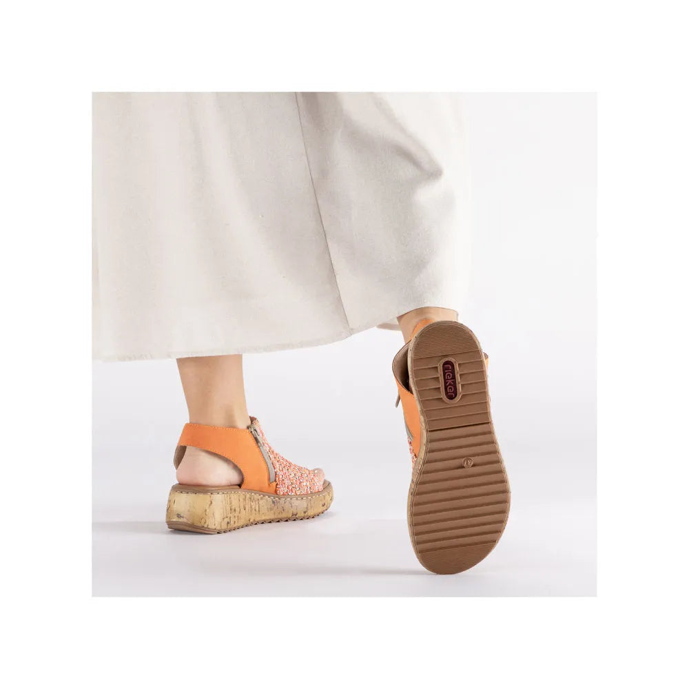 Rieker V1783-90 women's pumpkin orange textile side zip sandals with wedge heel and comfortable sole.