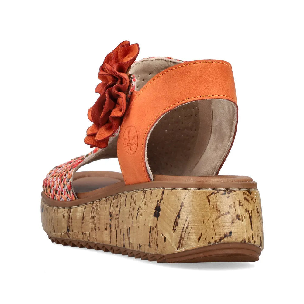 Rieker V1783-90 women's orange textile platform wedge sandals with side zip and ruffle detail, cork sole, and open toe design.
