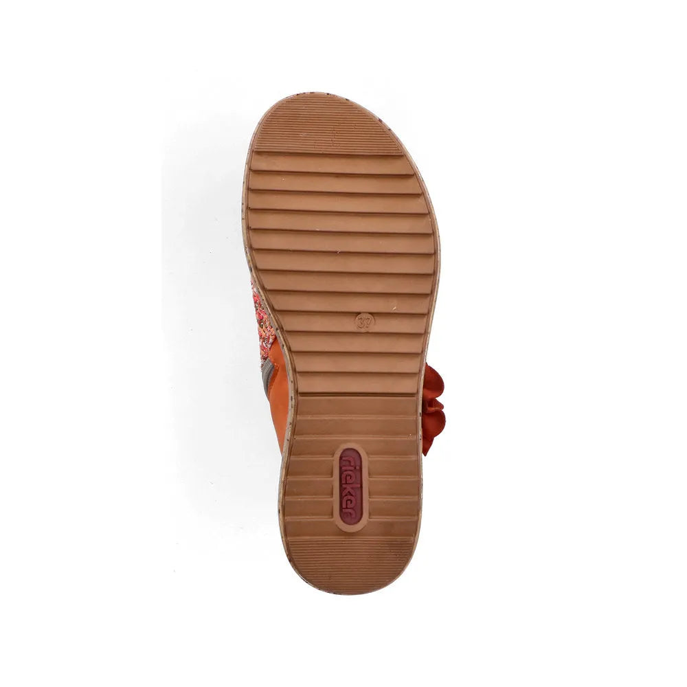 Rieker V1783-90 women's pumpkin orange textile side zip sandals, slip-on design with textured sole, size 37.