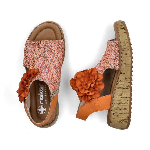 Rieker V1783-90 women's orange textile wedge sandals with side zipper, floral decoration, cushioned insole, and cork-like platform sole.