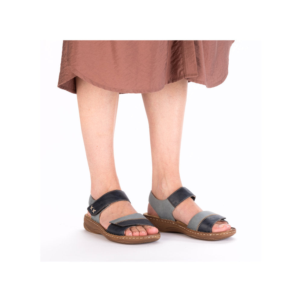 Rieker V2860-14 Ladies Pacific Touch fastening sandals with multi-colored straps and cushioned sole.