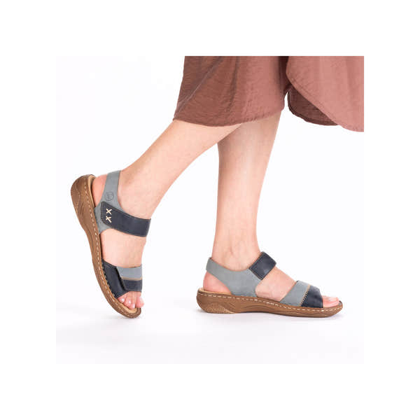 Rieker V2860-14 women's Pacific Touch fastening sandals with adjustable straps, cushioned sole, and brown and gray color.